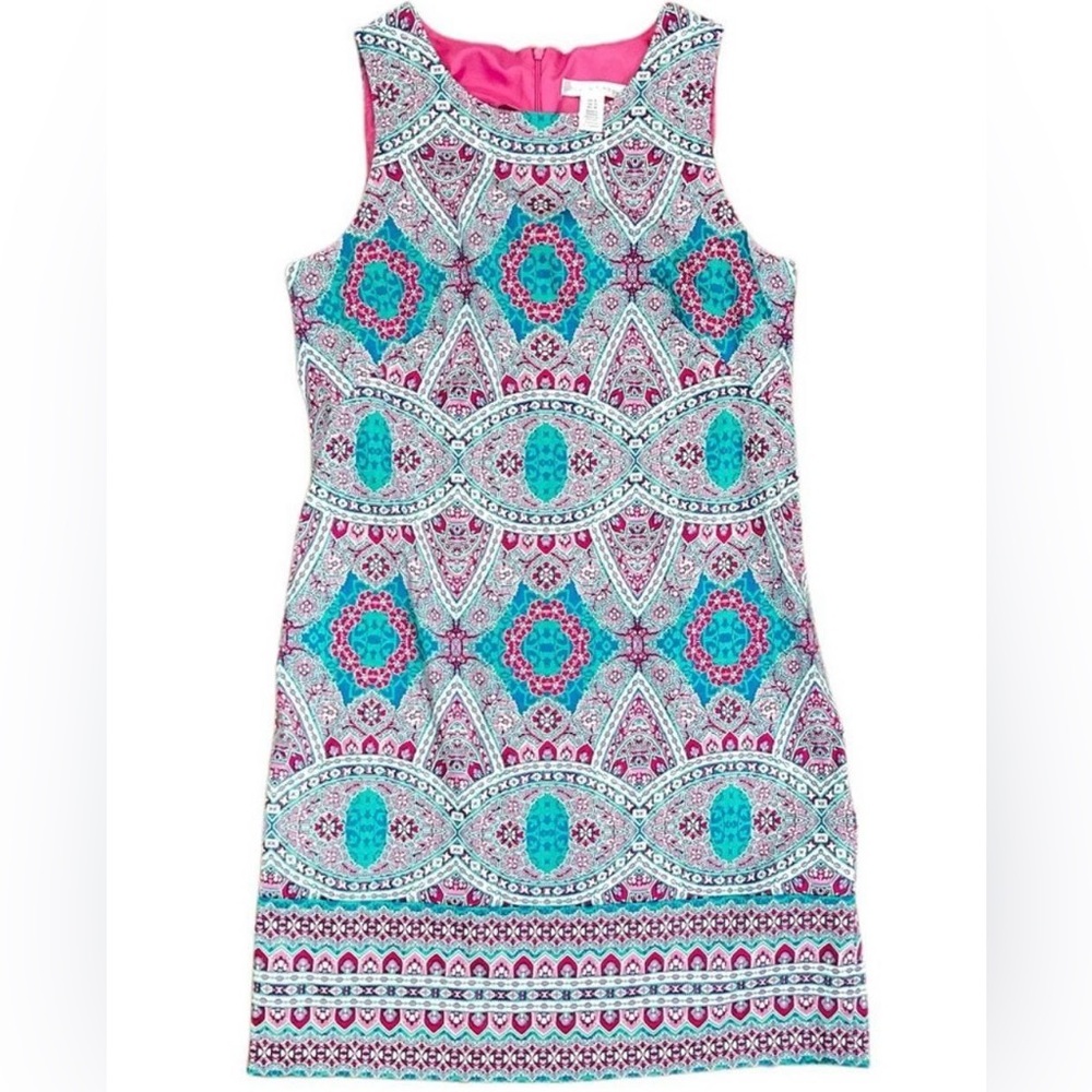 London Times Sleeveless Mandala Print Blue Pink Boho Shift Dress, size 10